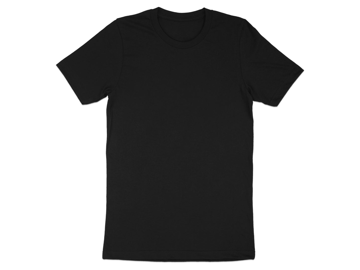 Black t-shirt, front view, short sleeves, crew neck.