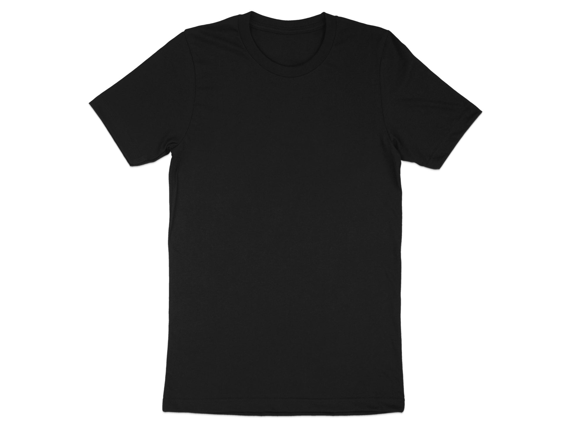 Black t-shirt, front view, short sleeves, crew neck.