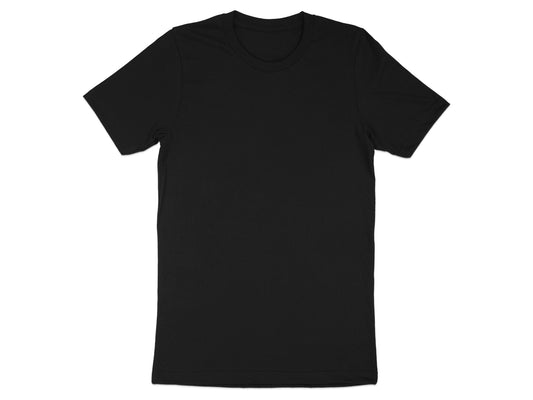 Black t-shirt, front view, short sleeves, crew neck.